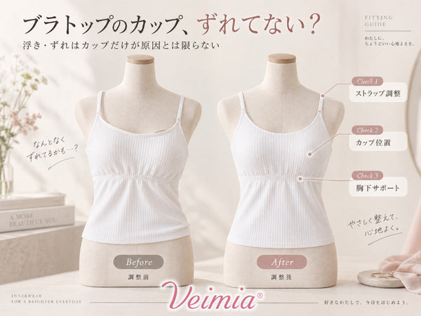 VEIMIA ブラトップのカップ位置・ストラップ・胸下サポートを調整前後で比較するフィッティングイメージ