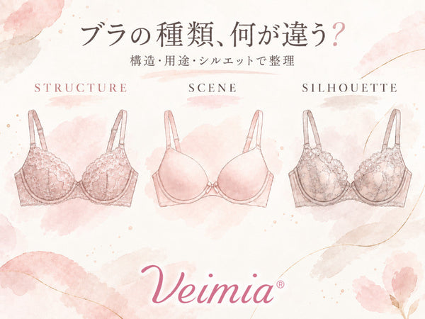 VEIMIA ブラの種類を構造・用途・シルエットの3つに分けて整理したイメージ