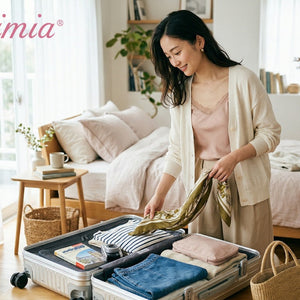 VEIMIA GWの女子旅に向けた春のインナー選びをイメージした女性の準備風景