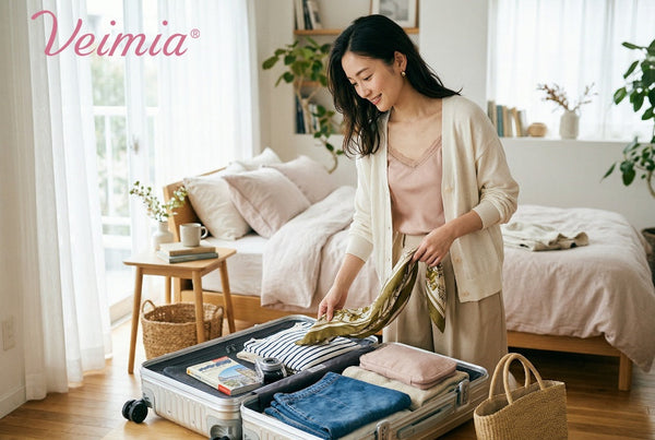 VEIMIA GWの女子旅に向けた春のインナー選びをイメージした女性の準備風景
