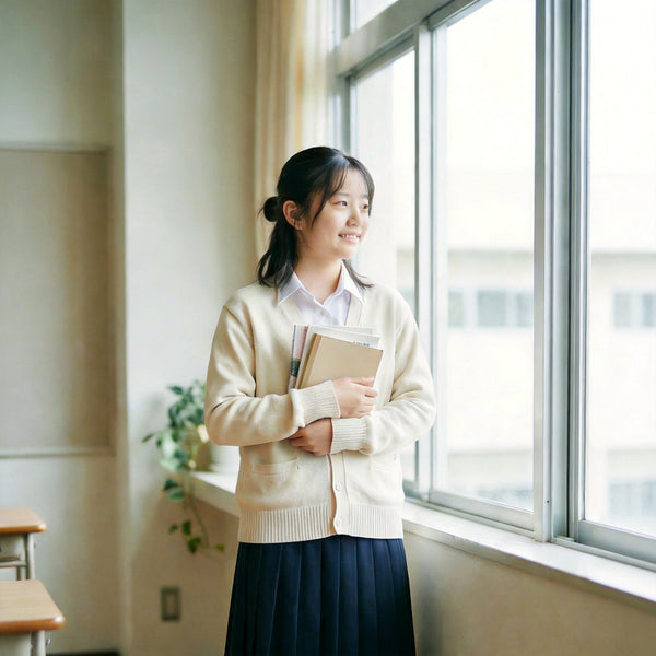 VEIMIA 胸を小さくする方法を知りたい中学生のイメージ 教室で本を抱える制服の女子生徒