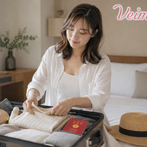 VEIMIA 女子旅の持ち物を確認する女性と、旅行に持っていく下着・インナーのイメージ