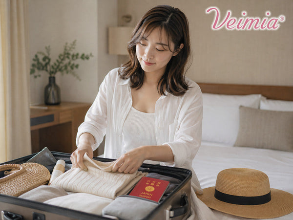 VEIMIA 女子旅の持ち物を確認する女性と、旅行に持っていく下着・インナーのイメージ
