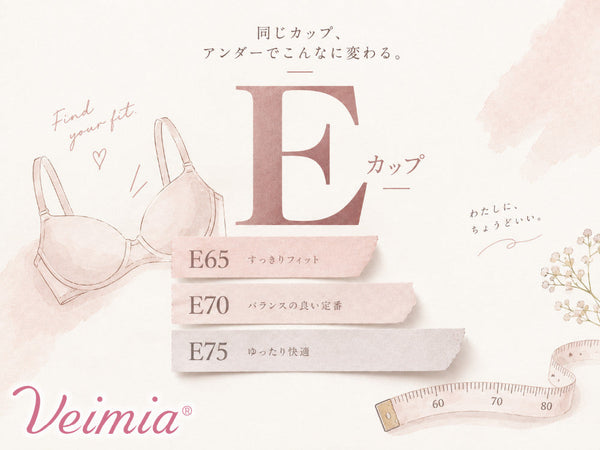 VEIMIA E65・E70・E75のサイズタグで同じEカップでもアンダーサイズが異なることを示すイメージ