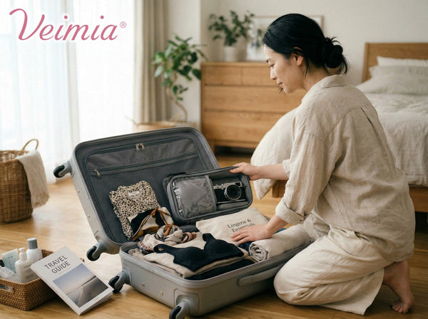 VEIMIA 旅行の下着は何枚必要かを考えながら、快適な旅行用ブラで荷造りをする女性
